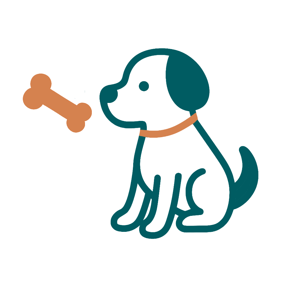 Simple illustration of a dog with a bone in front of it, sitting with a tail curled up, and wearing a collar.