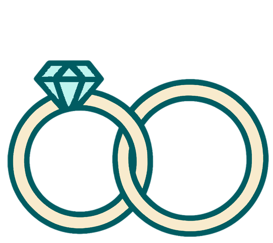 Illustration of two wedding rings, one with a diamond, overlapping each other.