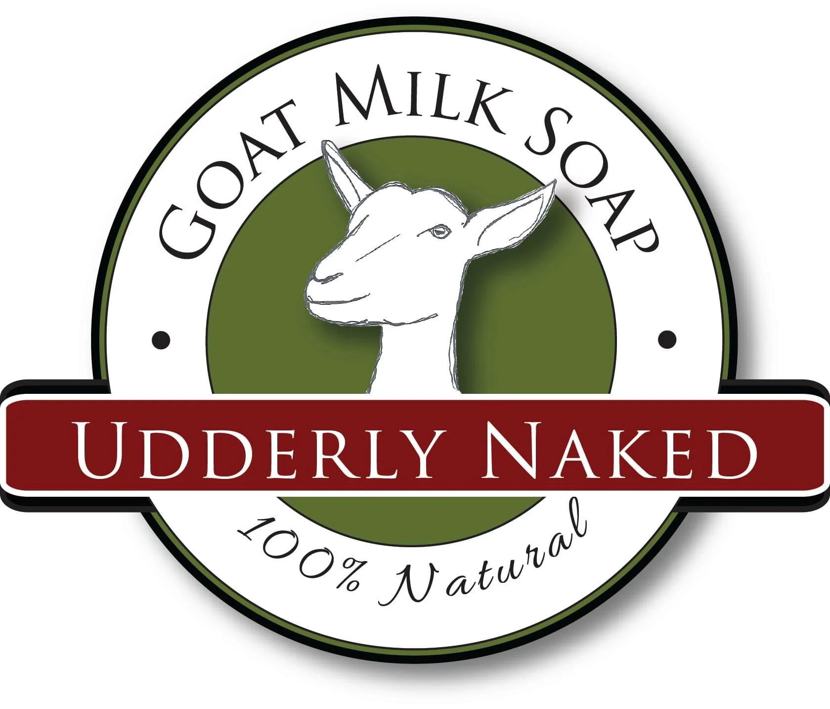 Goat Milk Soap logo, Udderly Naked, 100% Natural, featuring goat illustration.