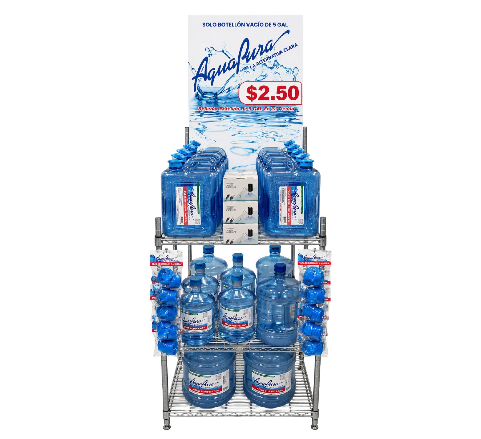 Display stand with multiple large blue water containers, smaller water bottles, and water dispensers, with a sign advertising a 5-gallon water bottle for $2.50.