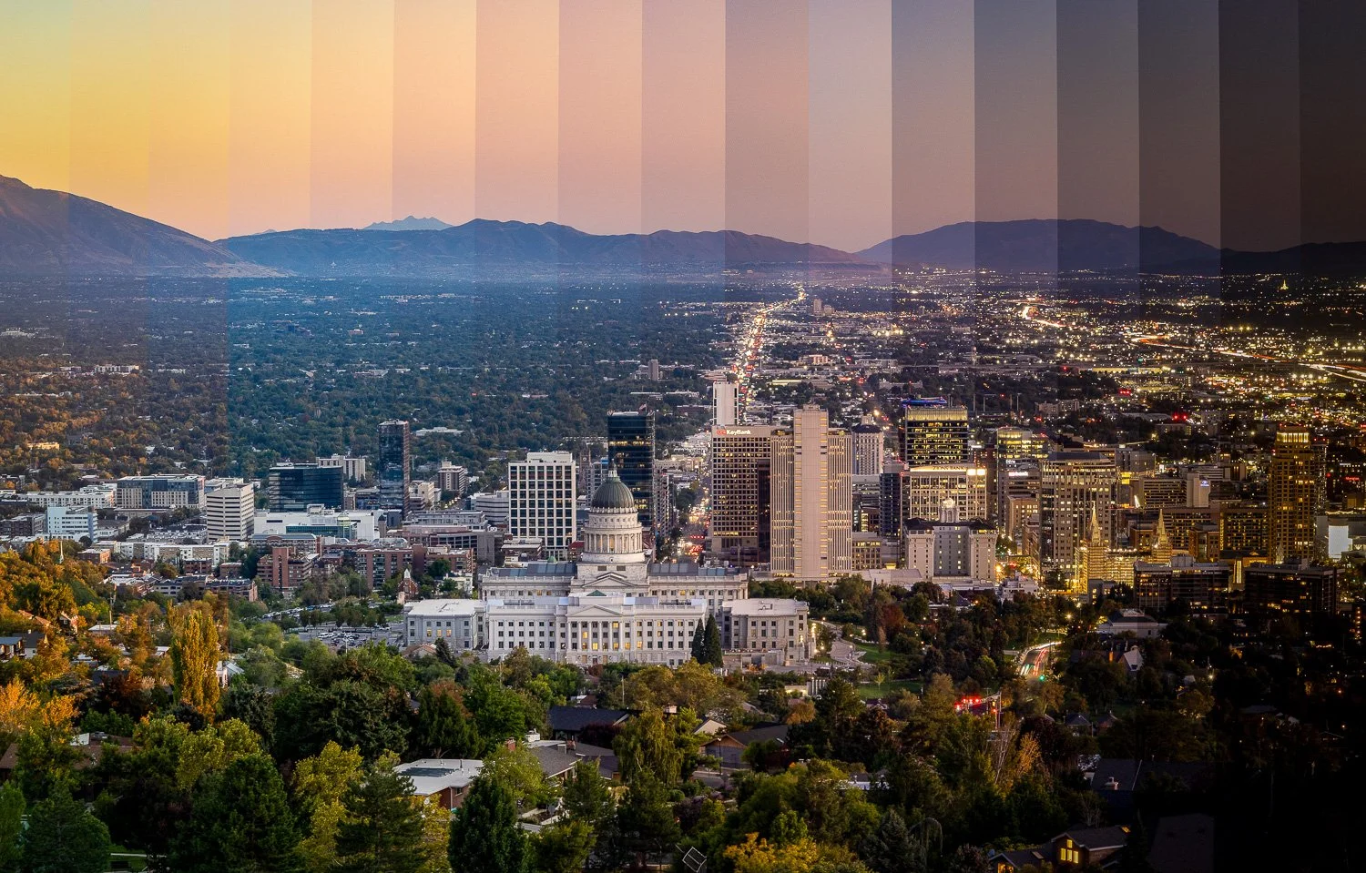 Fine art time slice photography of a city capitol building showing the transition from sunset to night in vertical strips.