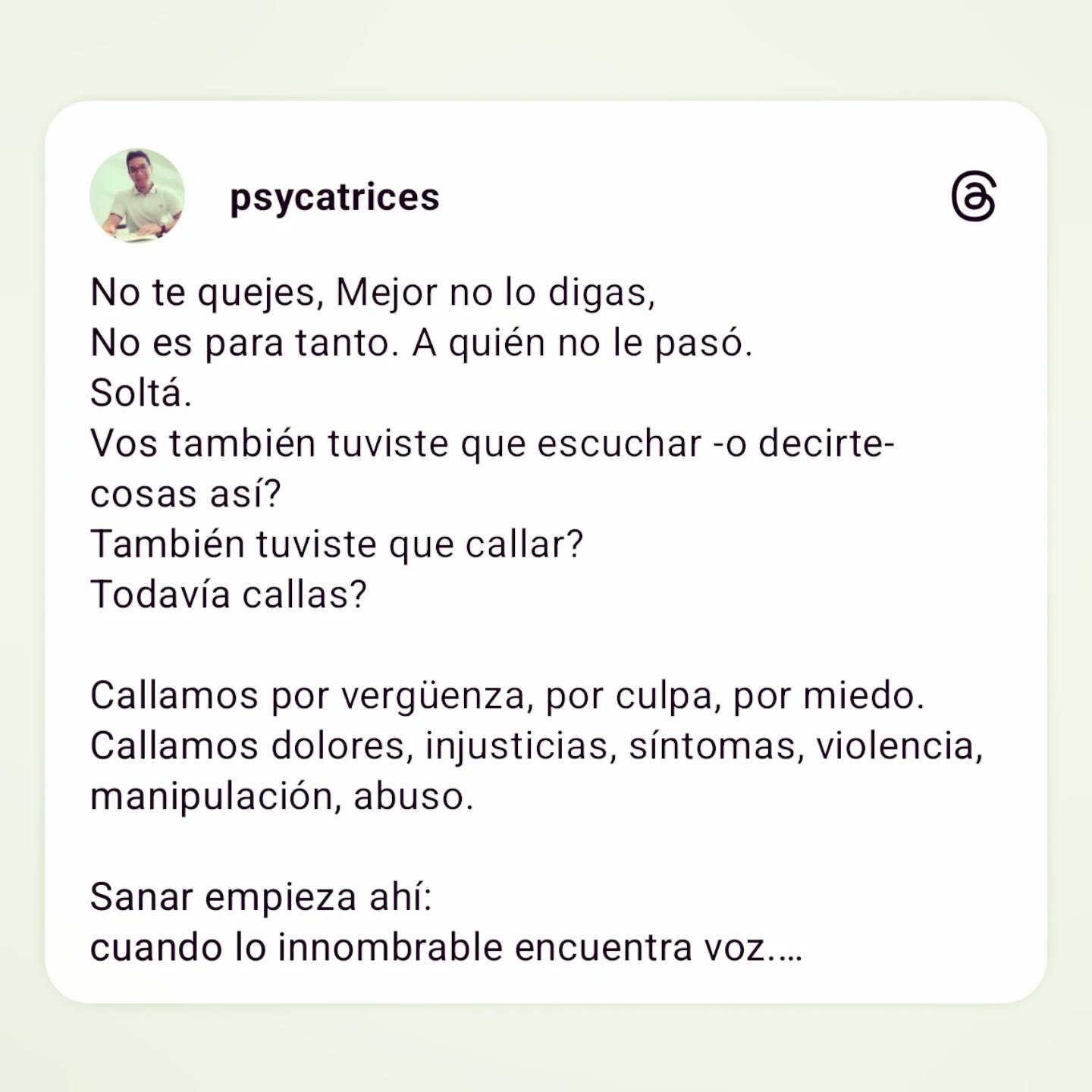 Vos tambi&eacute;n sent&iacute;s que has callado m&aacute;s de la cuenta?
El silencio tambi&eacute;n puede ser aprendido y esto cobra m&aacute;s sentido cuando lo miramos desde el trauma colectivo y transgeneracional. 

Segregamos la parte m&aacute;s
