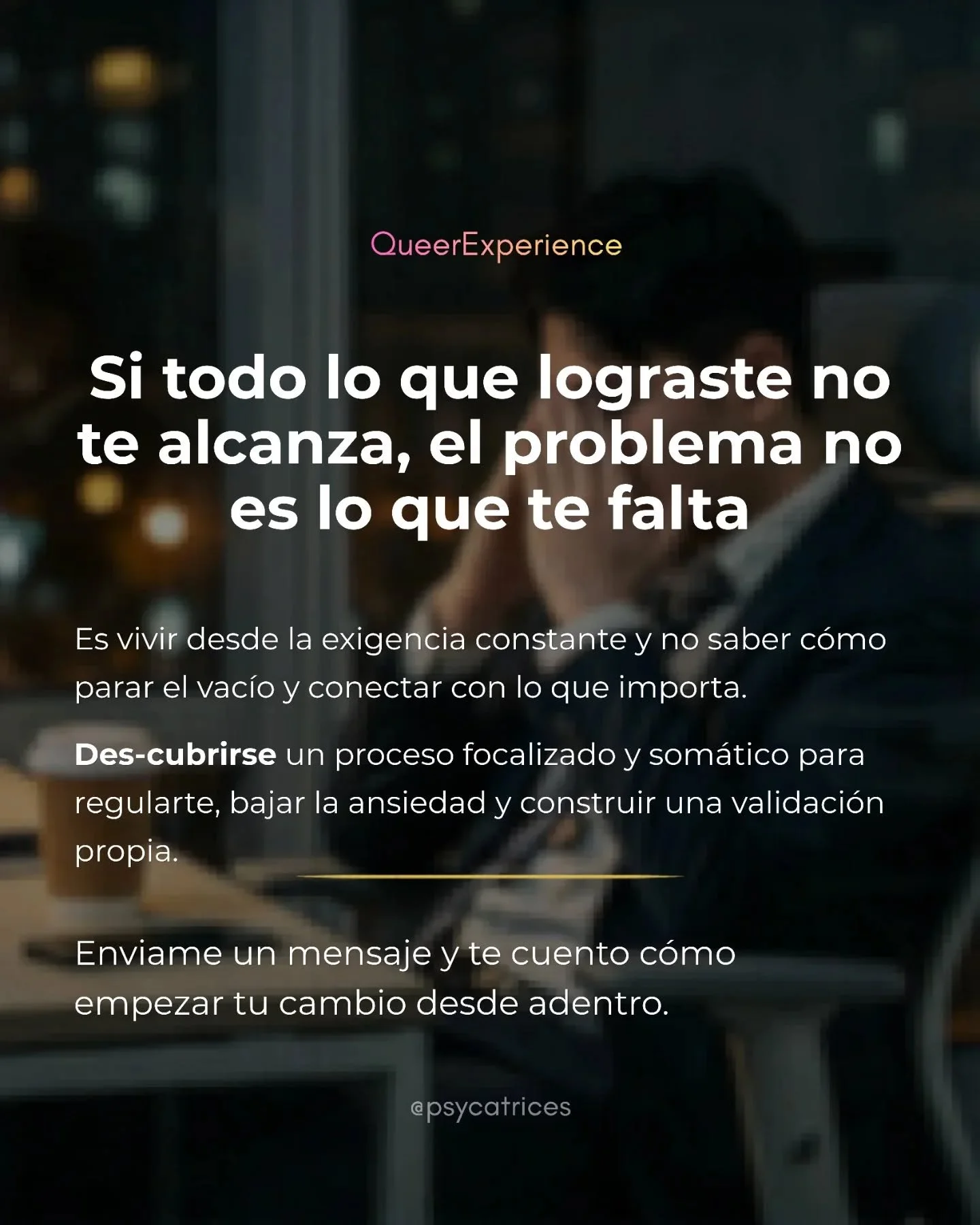 Aprendiste que para ser querible
ten&iacute;as que ser &uacute;til, resolutivo e invulnerable.

Y como para muchas personas LGBTQ+ qu&eacute; aprendieron a sobreadaptarse, funcion&oacute;.

Pero tiene un costo que nadie te explic&oacute;:
la atenci&o