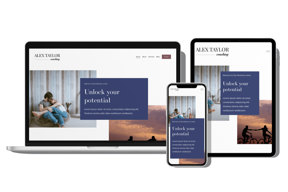 Responsive website design displayed on a laptop, tablet, and smartphone, featuring a coaching service with the title 'Unlock your potential' and images of people outdoors and a couple sitting inside.