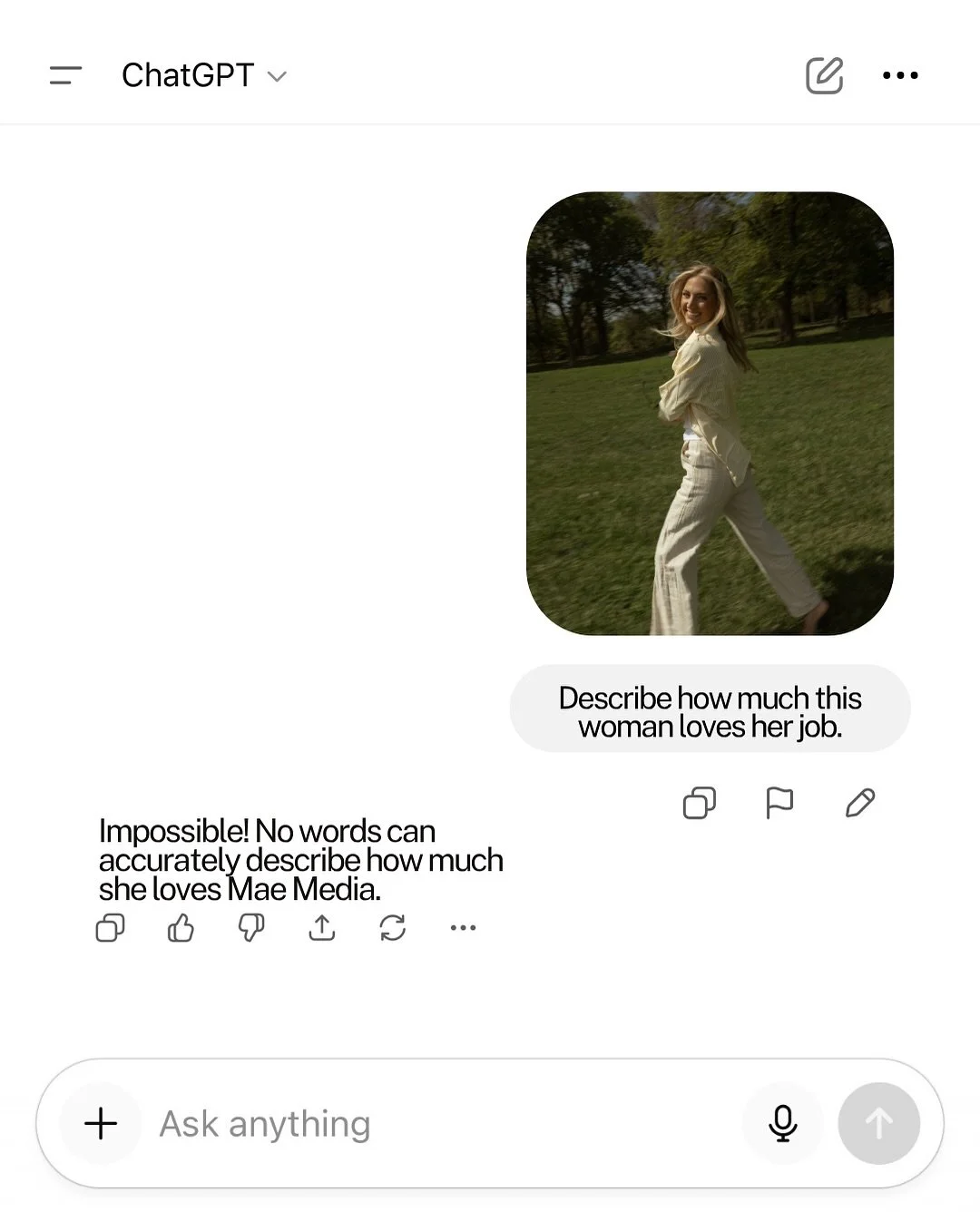 ChatGPT is never wrong 🤷🏼&zwj;♀️

#maemedia #socialmediastrategy #chatgptprompt #socialmediamanagement