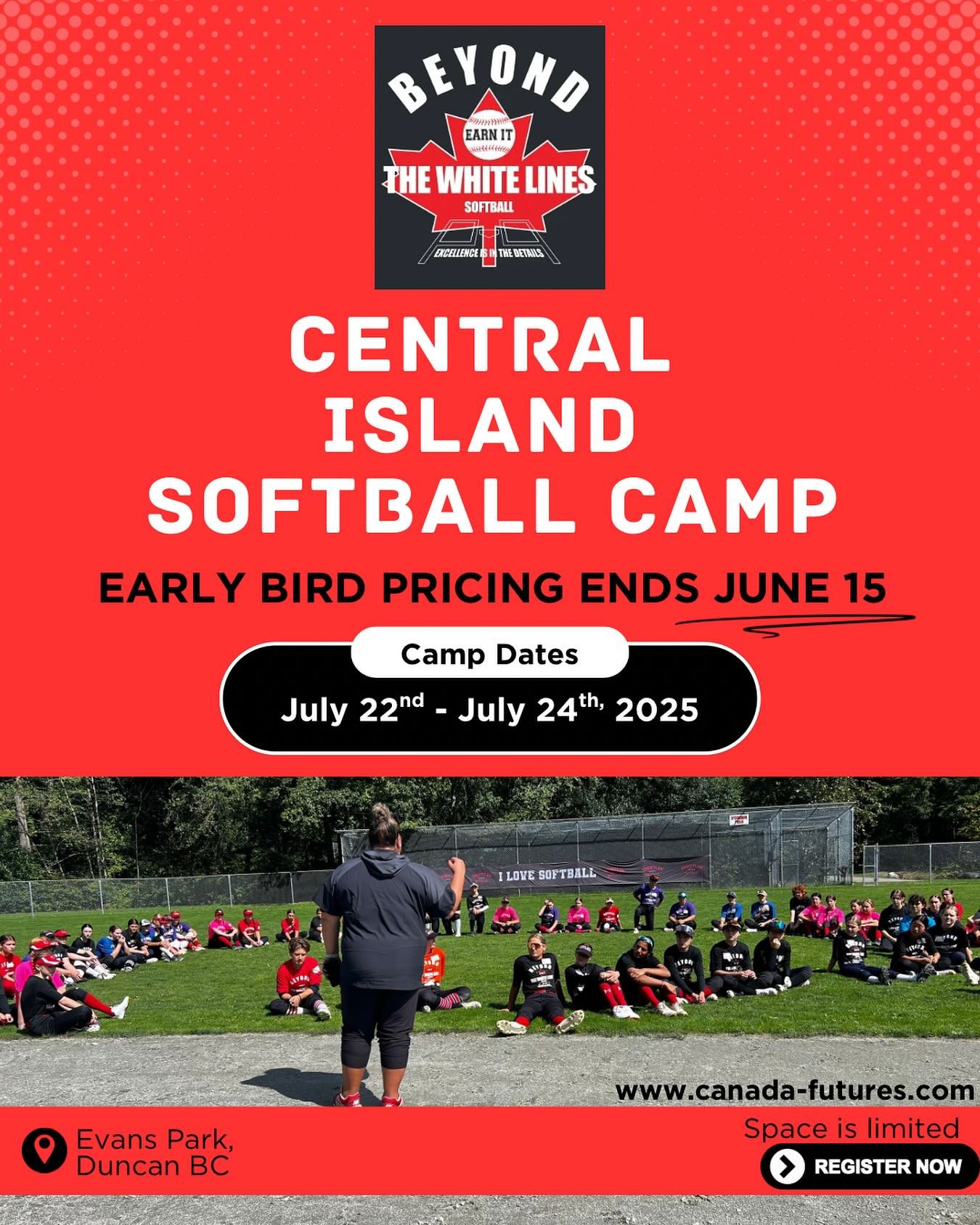 🚨 Get ready, Central Island! 🚨
Join us for an unforgettable experience at the Beyond the White Lines Softball Camp in Duncan, BC! 🥎
📅 July 22&ndash;24, 2025 at Evans Park
🔥 Early bird pricing ends June 15 &ndash; Don&rsquo;t miss out!
🌟 Skill d