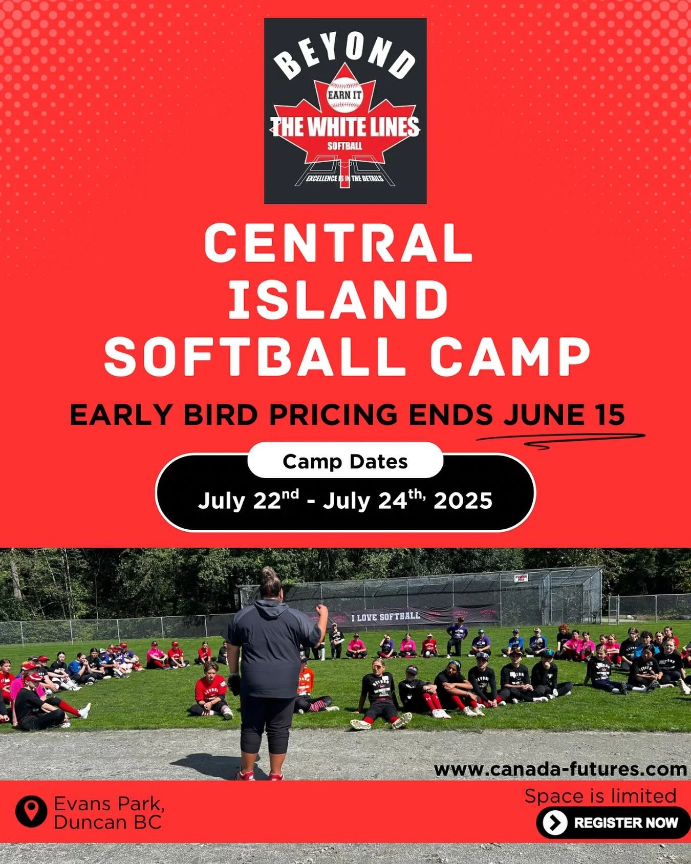 🚨 Get ready, Central Island! 🚨
Join us for an unforgettable experience at the Beyond the White Lines Softball Camp in Duncan, BC! 🥎
📅 July 22&ndash;24, 2025 at Evans Park
🔥 Early bird pricing ends June 15 &ndash; Don&rsquo;t miss out!
🌟 Skill d