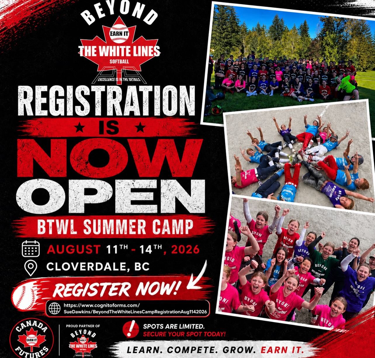 🚨 IT&rsquo;S OFFICIAL 🚨
BTWL CLOVERDALE SUMMER CAMP REGISTRATION IS NOW OPEN! 🥎🔥

4 days of skills. Competition. Confidence. Growth.
And the kind of softball energy that just hits different 💪⚾️

📍 Cloverdale, BC
📅 August 11&ndash;14, 2026

Spo