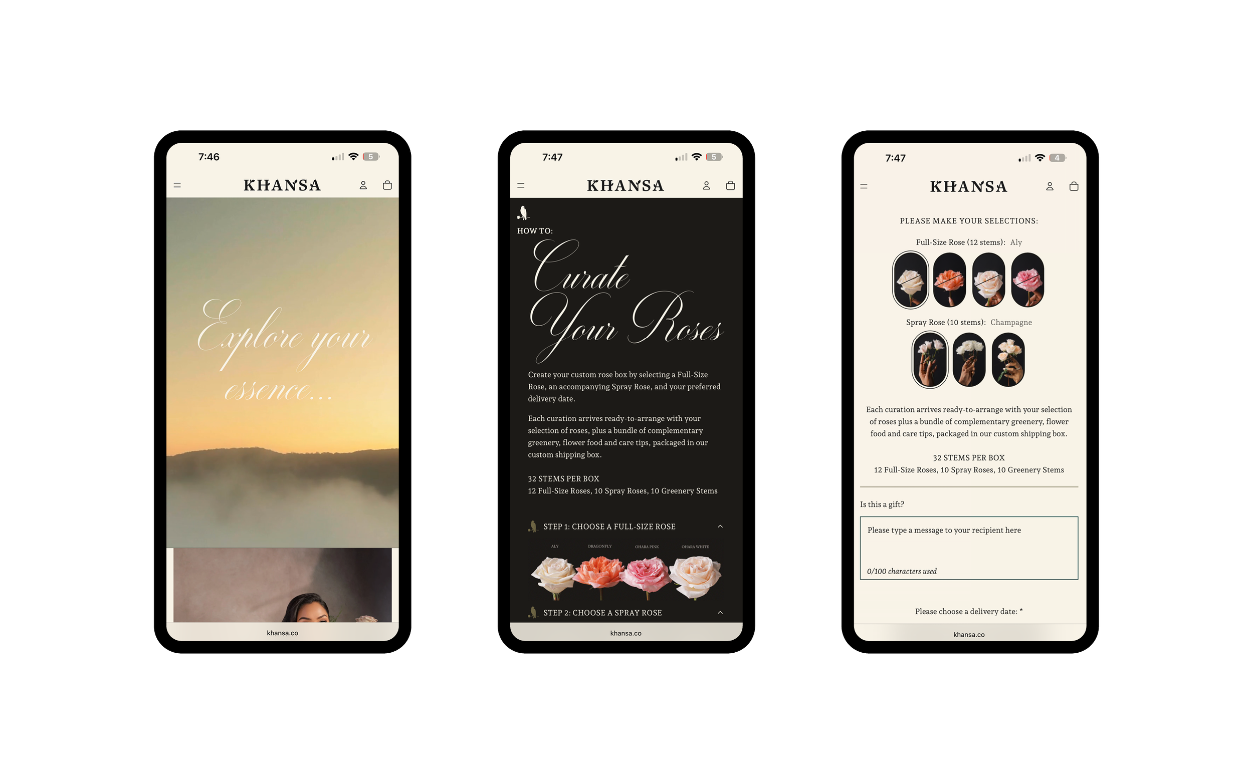 Smartphones displaying a website for KHANSA flower shop, showing floral arrangement options and ordering process. Shopify website design for Khansa Roses by Soleil Design Co in Massachusetts, a branding and website design agency.