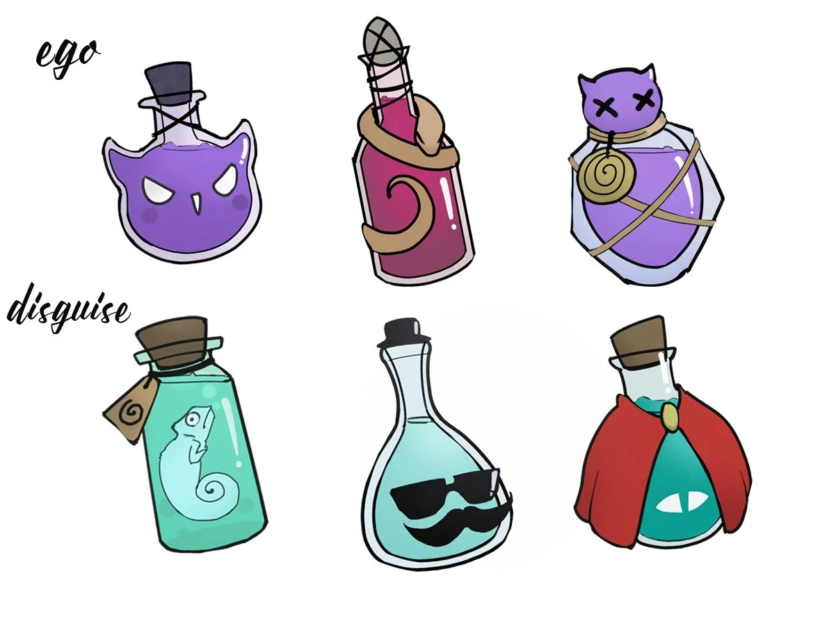 Six cartoon-style bottles with different designs and accessories, divided into two rows labeled 'ego' and 'disguise'.
