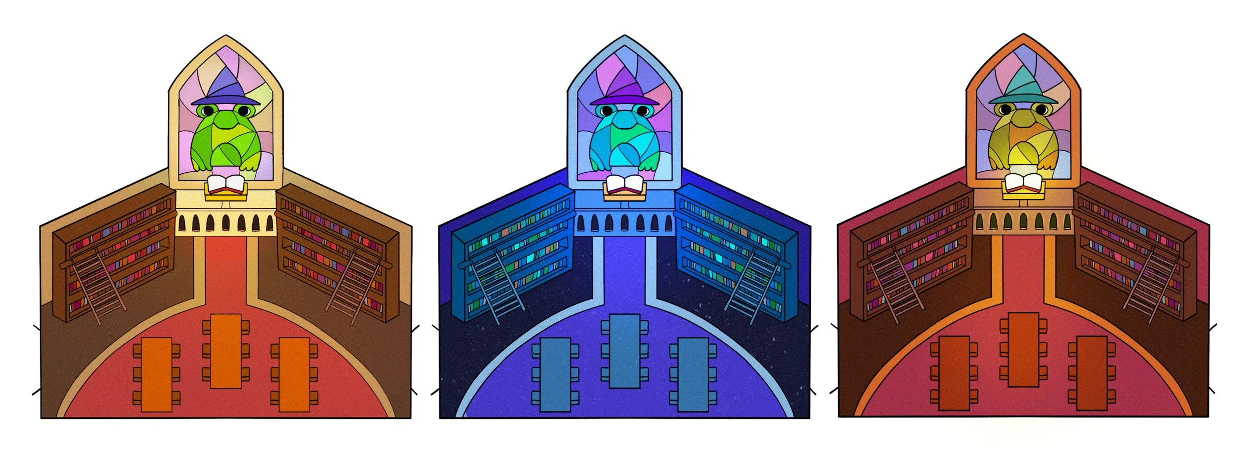 Three stained glass windows of a frog with glasses, wearing a hat and holding a book, each with a different background color, framed by bookshelves and ladders in a library setting.