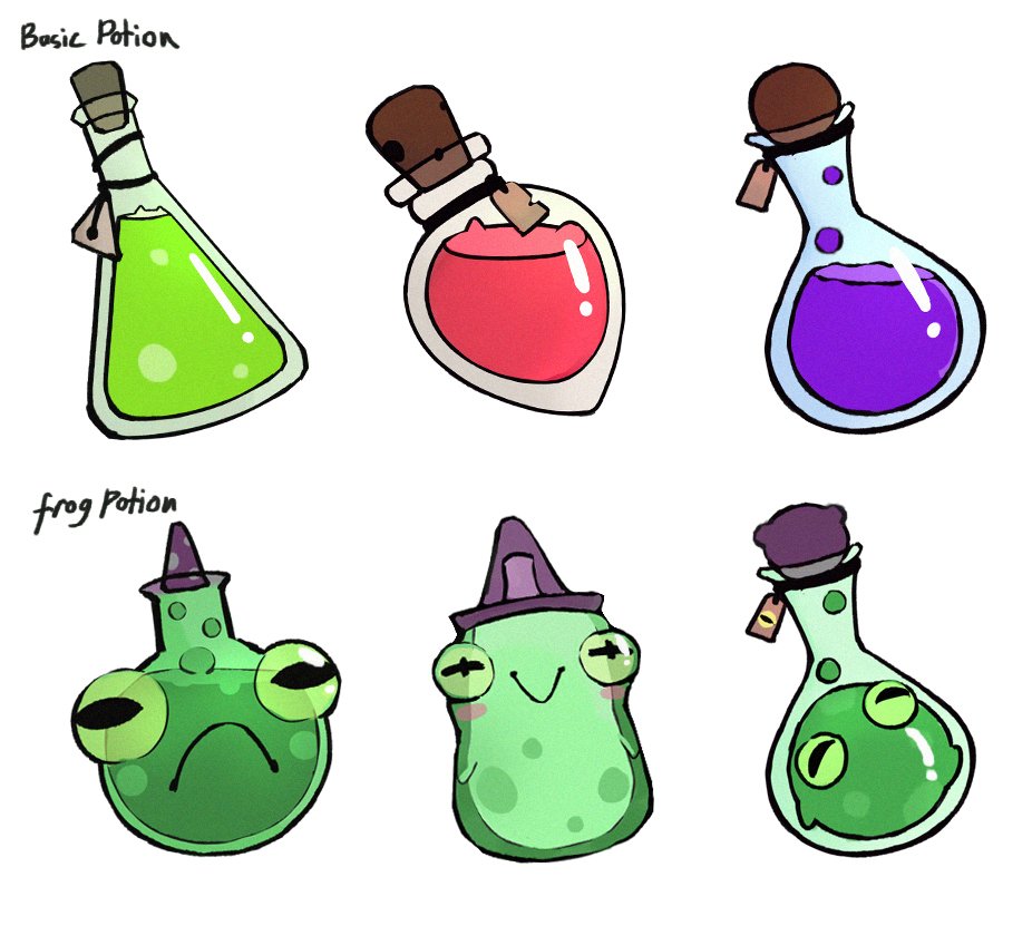 Illustration of six cartoon potion bottles, three labeled "Basic Potion" with green, red, and purple liquids, and three labeled "Frog Potion" with frog heads, wearing purple hats.