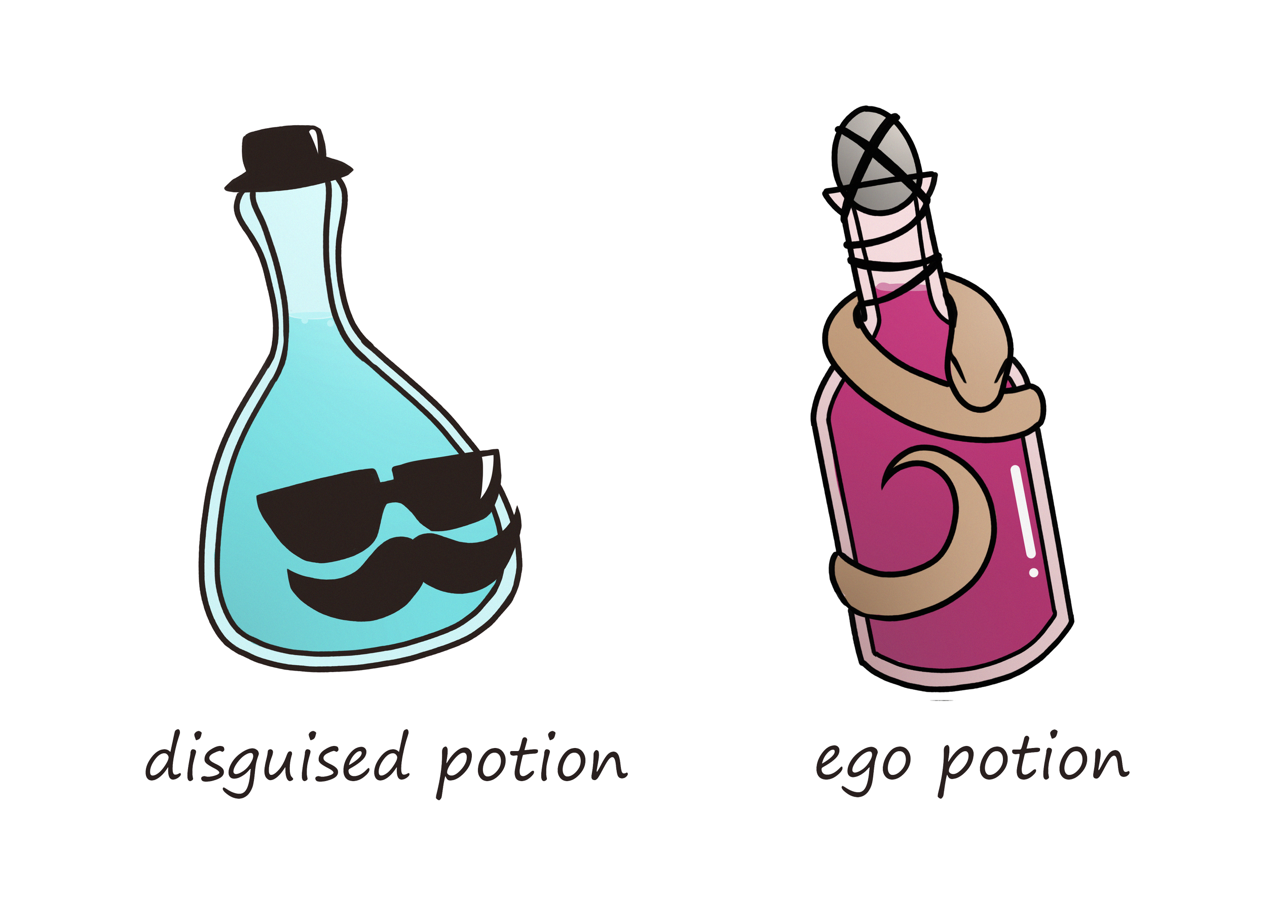 Illustration of two bottles labeled 'disguised potion' and 'ego potion'; the first is a blue potion with sunglasses and a mustache, the second is a pink potion with a tape over the cap.