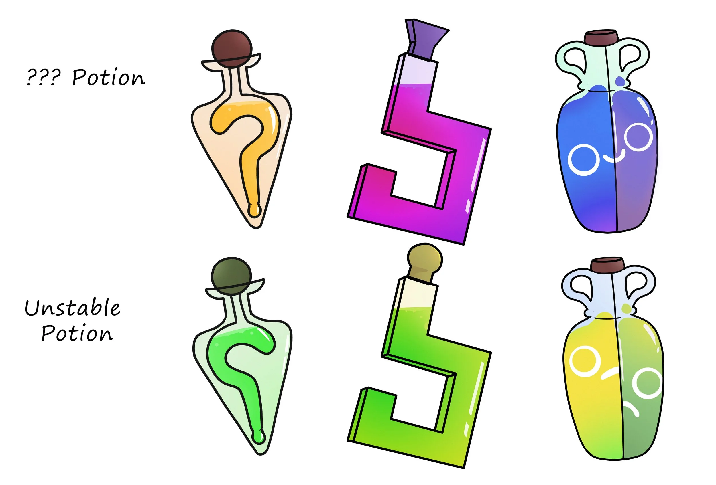 Illustration comparing stable and unstable potions. The stable potion is in a purple bottle with a smiling face and the label '??? Potion,' the unstable potion is in a yellow-green bottle with a sad face and the label 'Unstable Potion.'