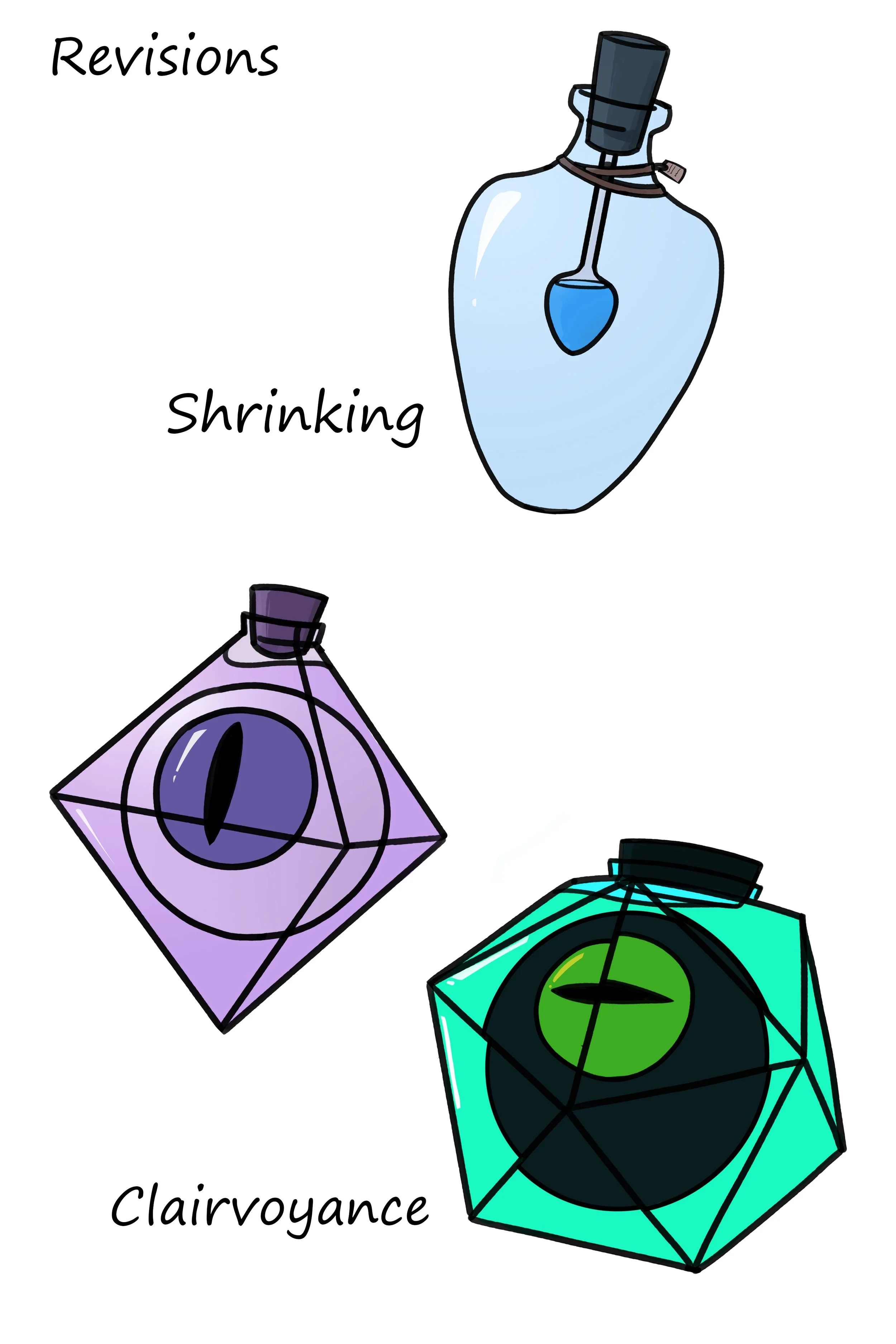 Illustration showing three potion bottles labeled 'Revisions', 'Shrinking', and 'Clairvoyance'.