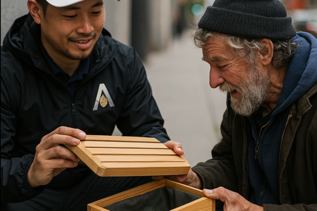 A young man and an older man looking at a wooden box on the sidewalk.