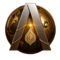 A large metallic letter A in front of a golden world map with a glowing point at Africa, with a decorative flame-shaped design at the bottom of the A.