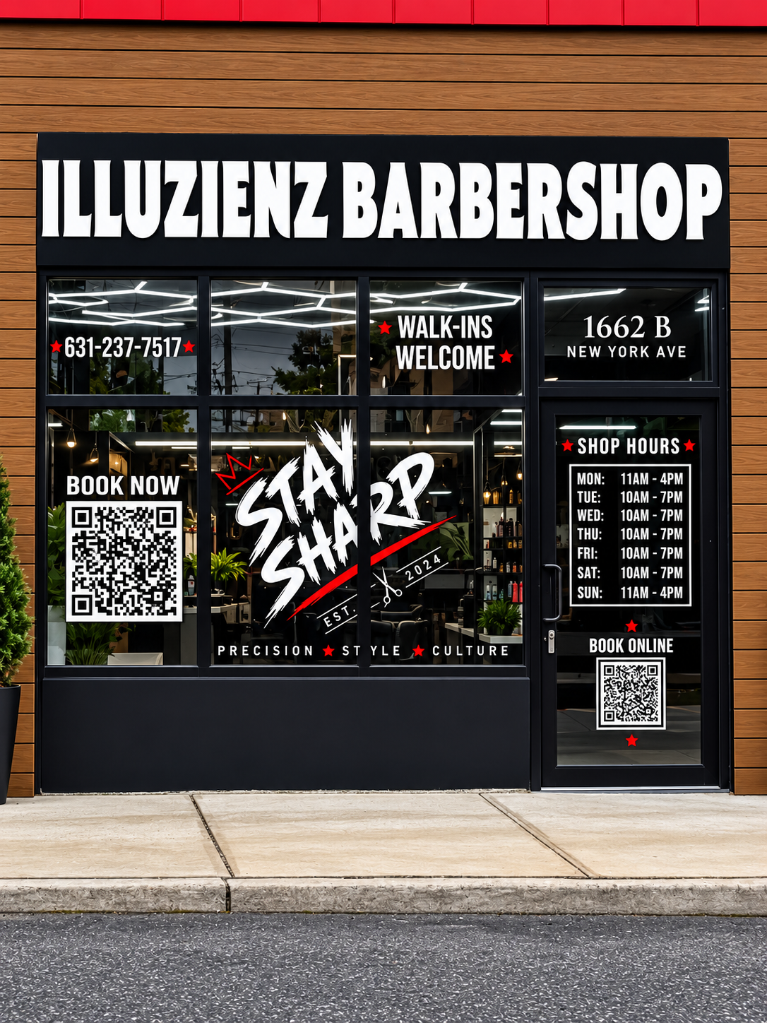 storefront sign for Illuzienz Barbershop featuring the name in large, bold letters, with contact number, hours of operation, QR codes for booking, and interior visible through large window.