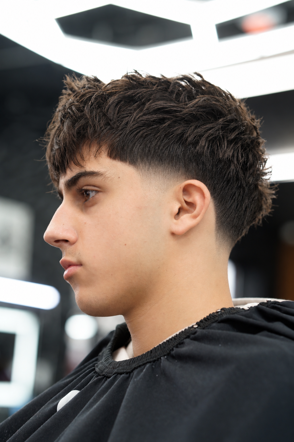 Close-up profile of a young man with a fresh haircut featuring a fade and textured top, in a barbershop or salon setting.