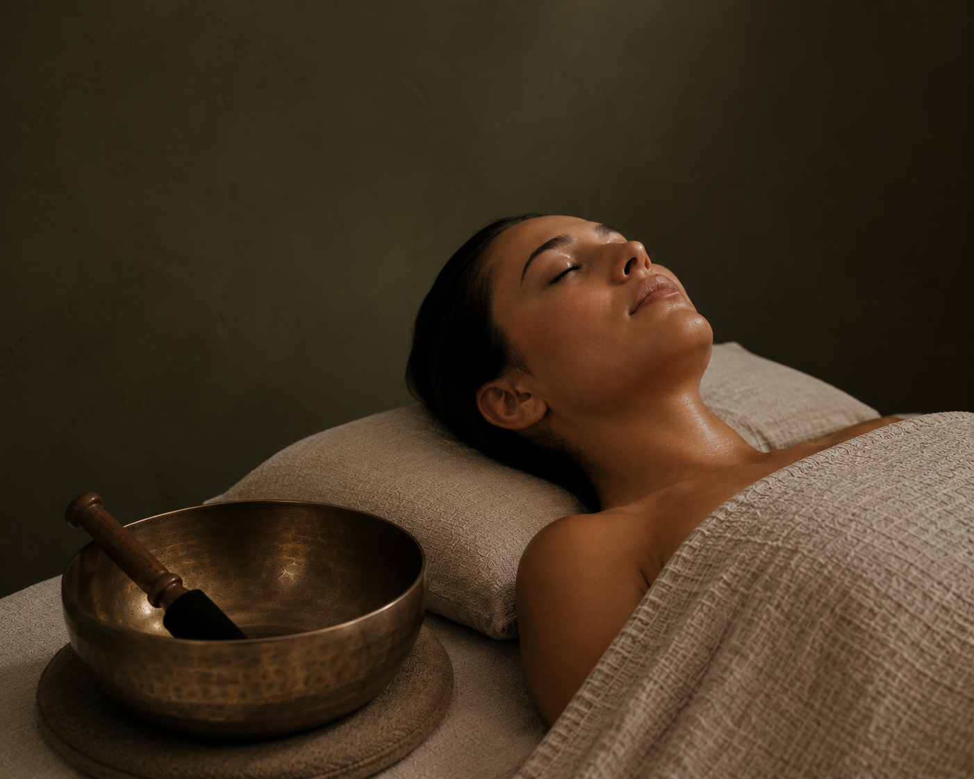 A woman lying on a massage table with eyes closed, relaxing during a sound therapy session with a singing bowl and mallet nearby.