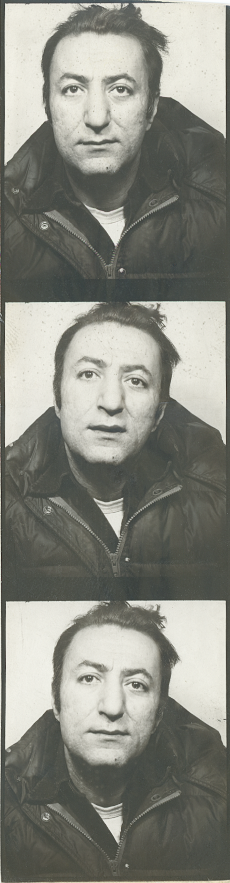 A black and white strip of three portrait photographs of a man with dark hair, wearing a dark jacket over a shirt, with varying facial expressions.