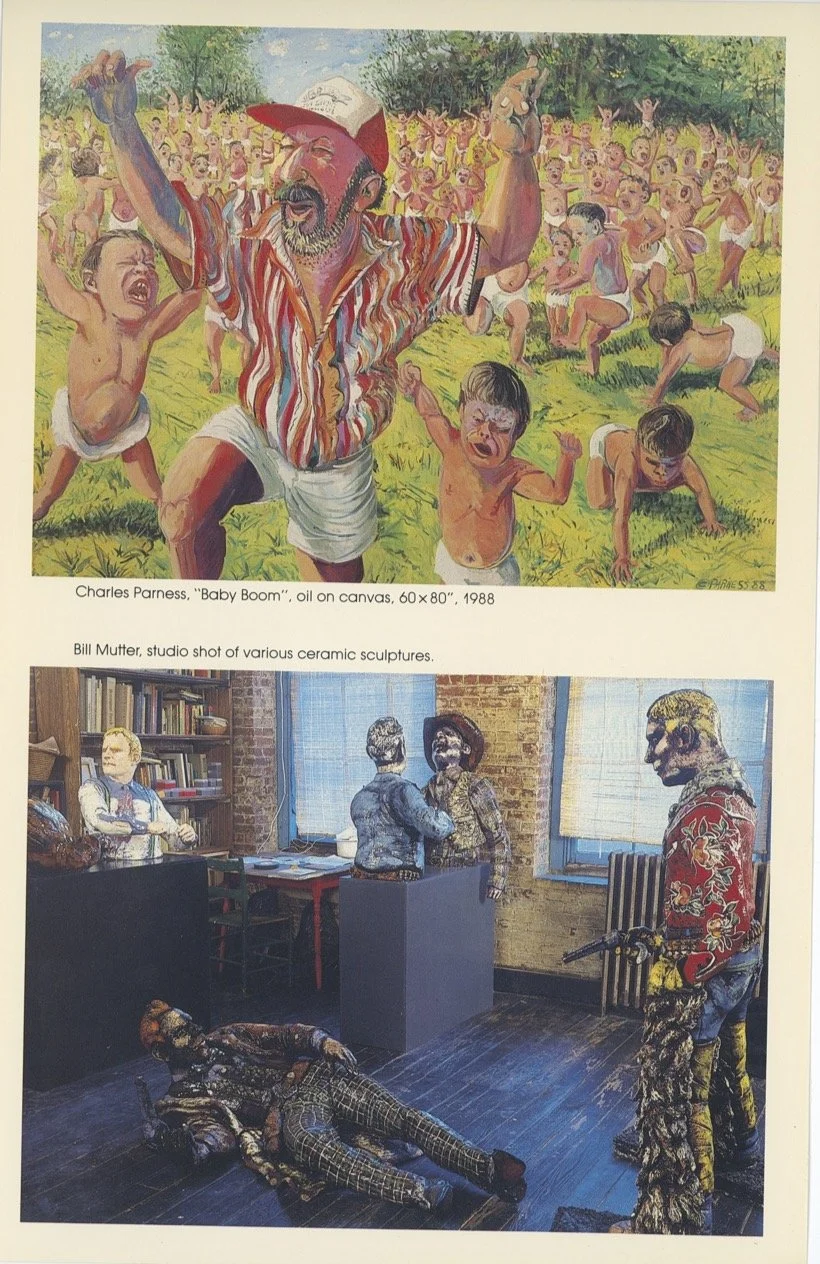 The top image is a colorful painting titled 'Baby Boom' by Charles Parness, showing a joyful man leading a crowd of crying babies outdoors. The bottom image is a studio shot by Bill Mutter depicting various ceramic sculptures.