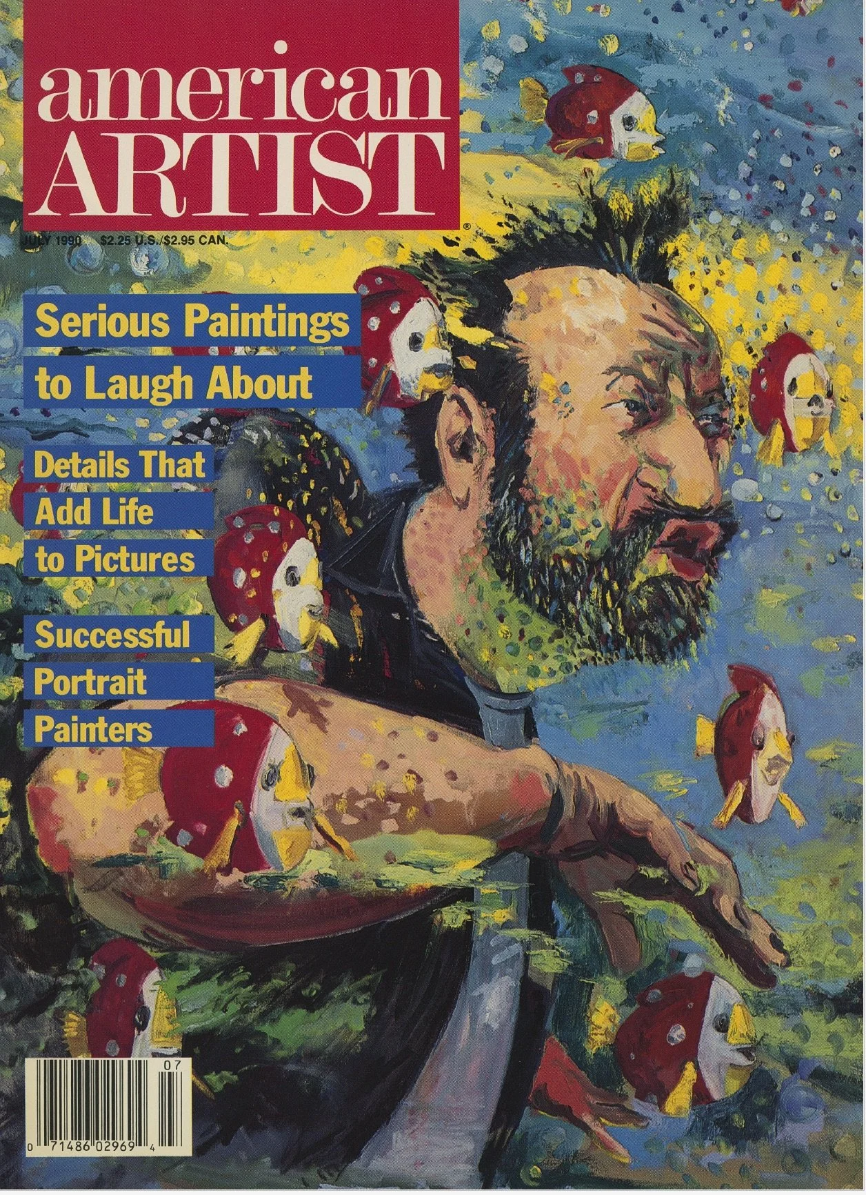 Cover of American Artist magazine with a painting of a bearded man in profile, surrounded by fish, set against a vibrant blue and yellow background.