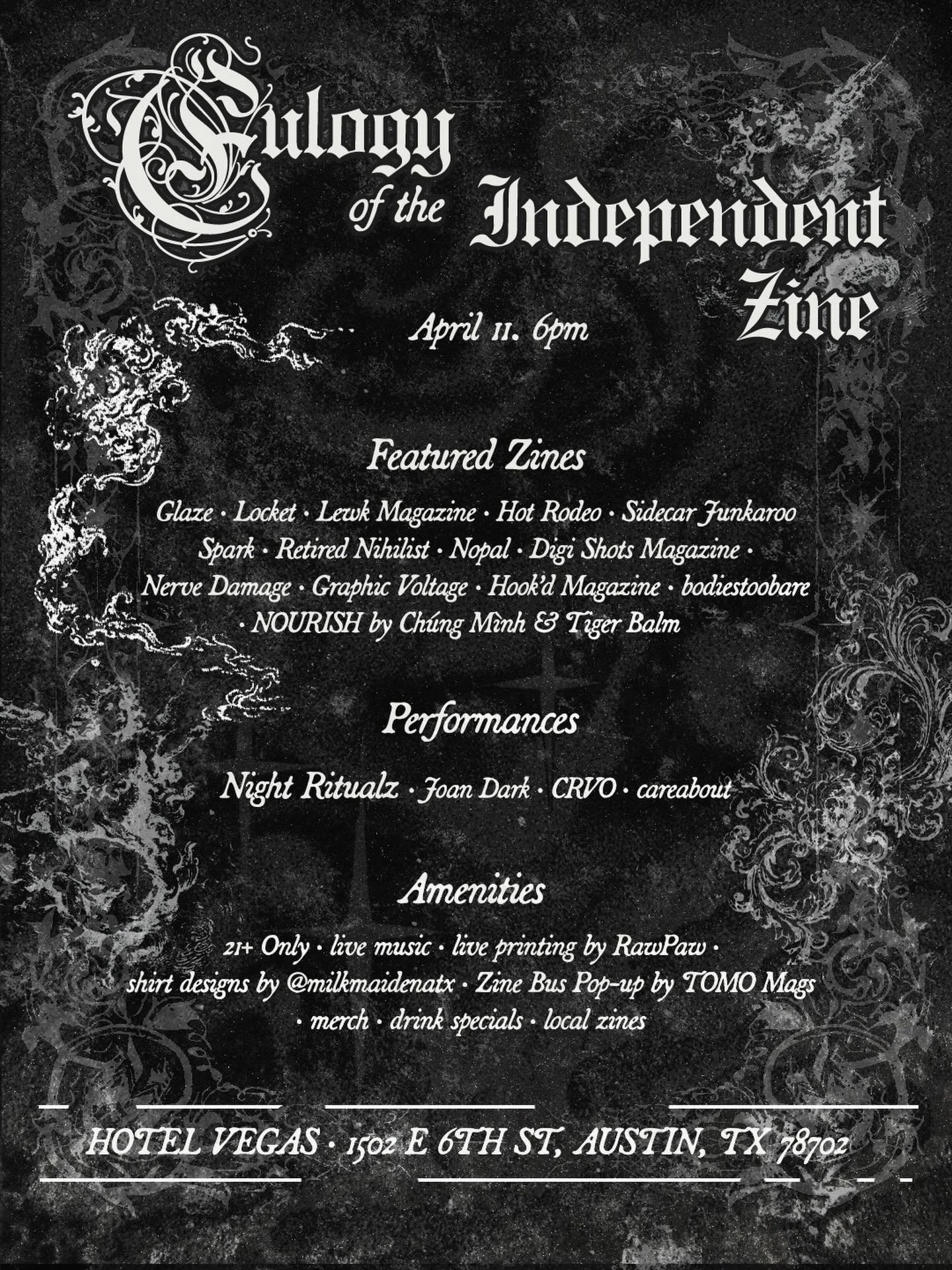 EULOGY OF THE INDEPENDENT ZINE
April 11 &bull; 6PM &bull; @hotelvegastexas 

@glazezine presents&hellip;

A night for the underground.
For print that refuses to die.
For the people still making things by hand.

Join us for a gathering of independent 
