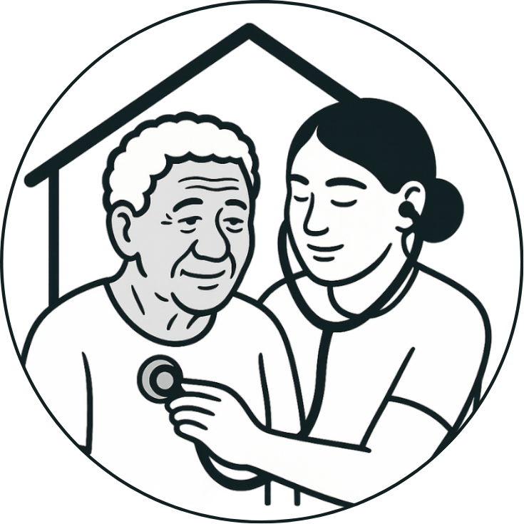 Drawn graphic of a caregiver using a stethoscope on elderly patient
