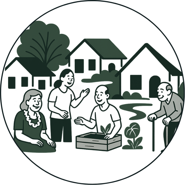 Drawn graphic of inclusive and caring community of all ages