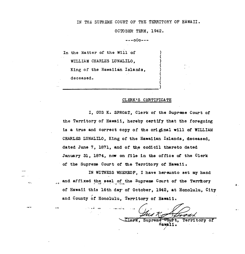 Signed page of King Lunalilo's will regarding the Lunalilo Home