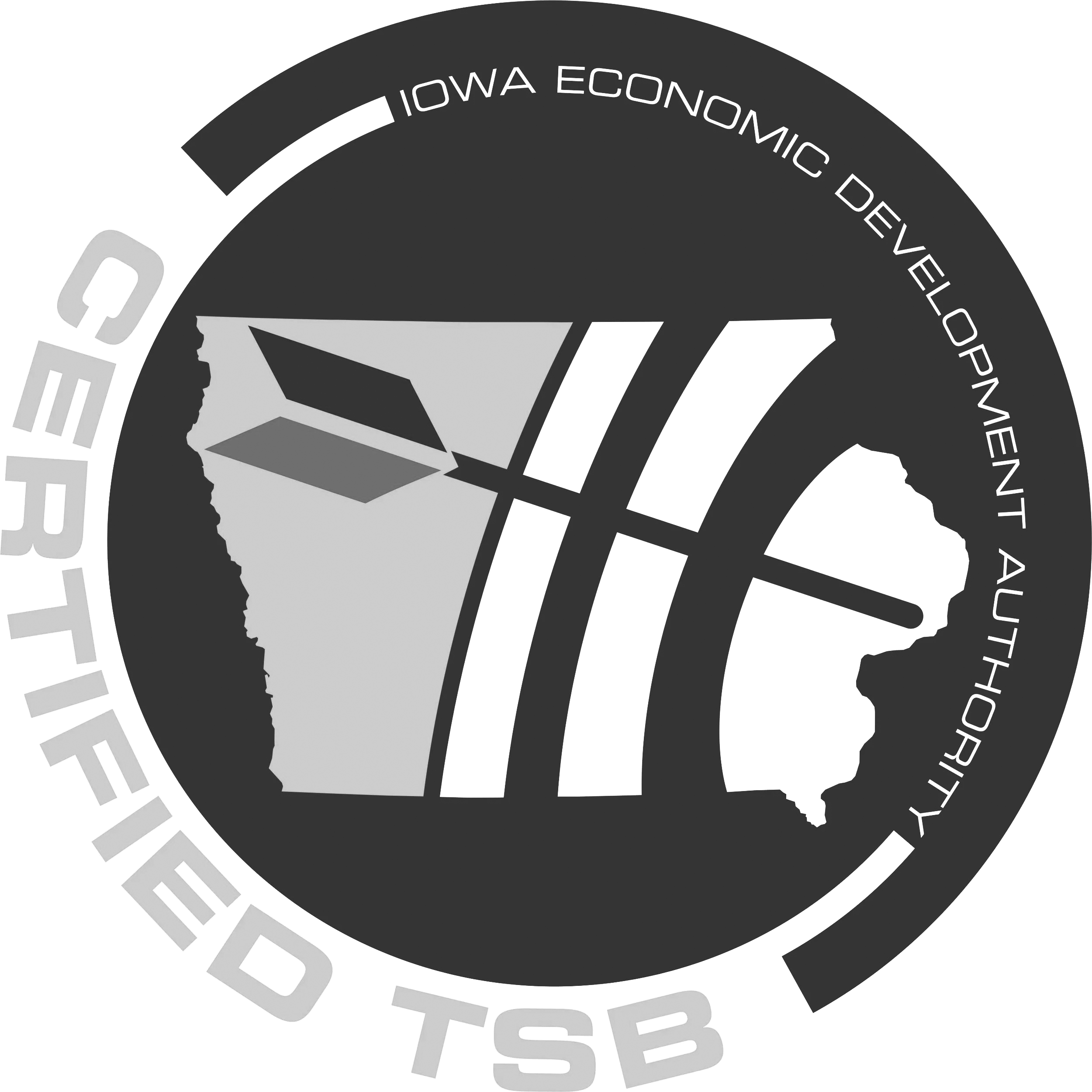 Logo of the Iowa Economic Development Authority, featuring a map outline of Iowa, with arrows and lines indicating development or growth.