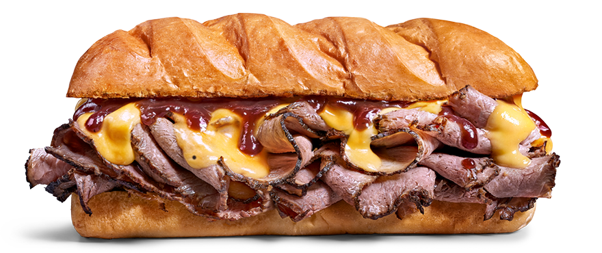 Beef sandwich with sliced beef, melted cheese, barbecue sauce, and a hoagie roll.