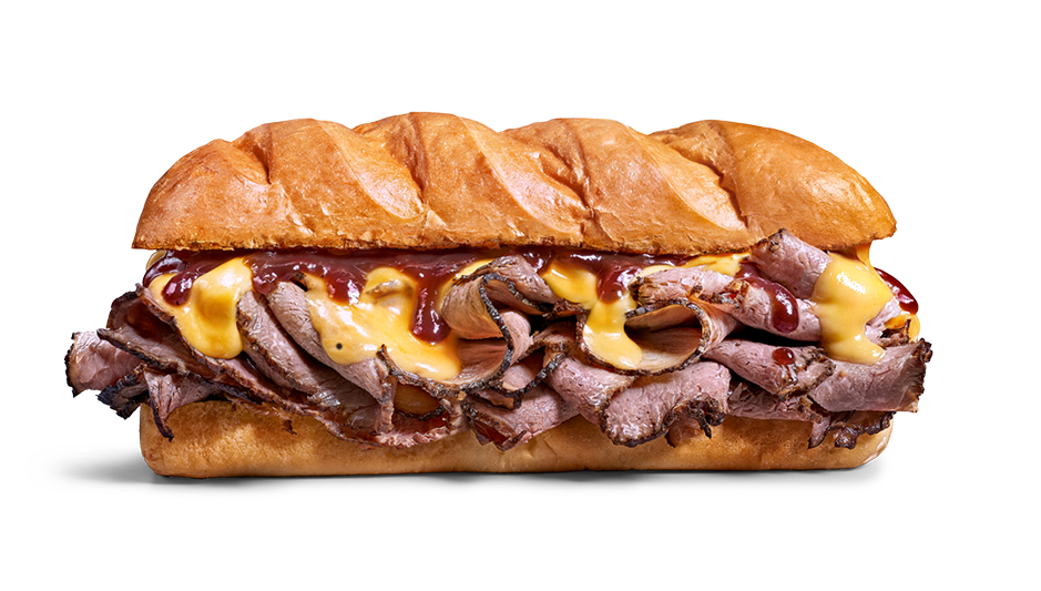 Sandwich with sliced roast beef, cheddar cheese, barbecue sauce, and a hoagie bun.