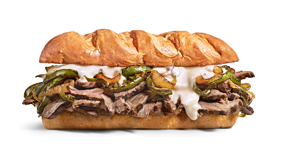 Philly cheesesteak sandwich with sliced beef, green peppers, onions, melted white cheese, and a hoagie bun.