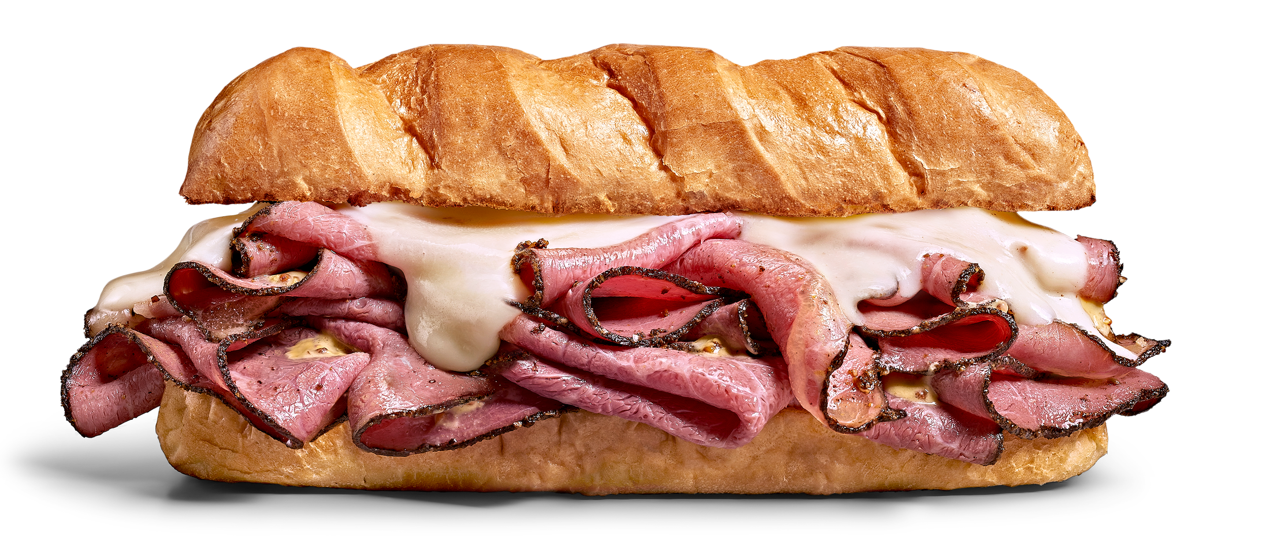 Sandwich with sliced roast beef, melted cheese, and a crusty baguette