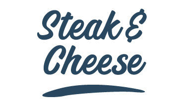 Steak and cheese logo with dark blue text