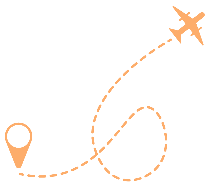 Icon of an airplane with a dashed flight path, starting from a location pin and ending at the airplane, representing travel or flight route.