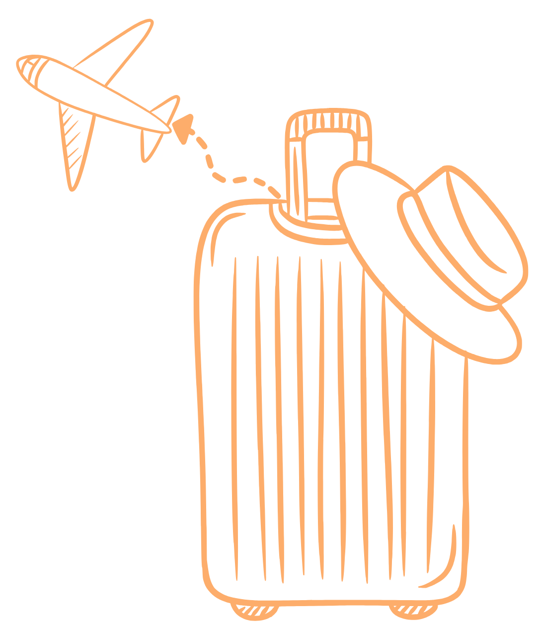 Outline drawing of a suitcase with a hat on it, a partially open bottle with a straw, and a small airplane in the sky.