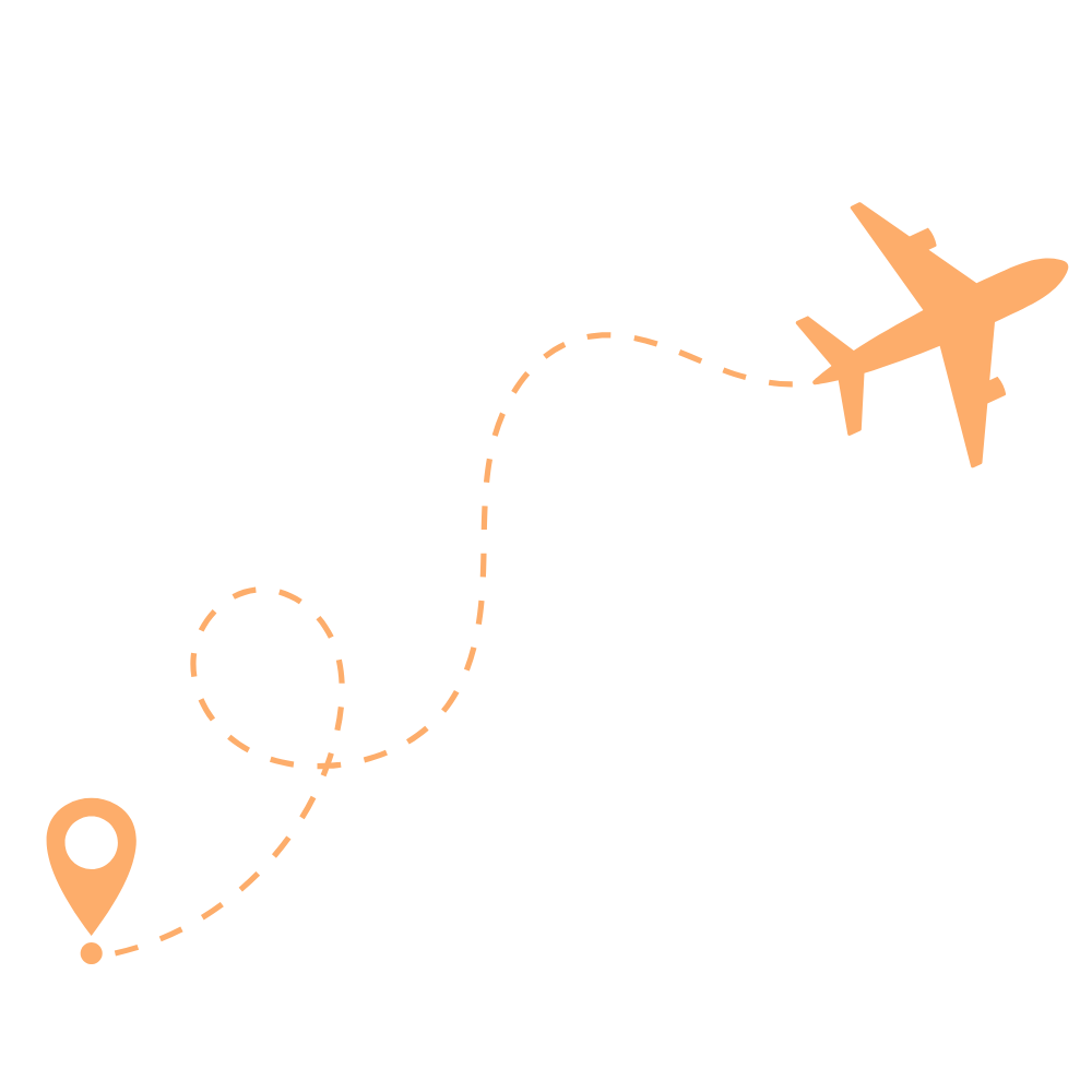 Icon of an airplane flying over a map with a dashed route, a location marker at the start and the airplane at the end.