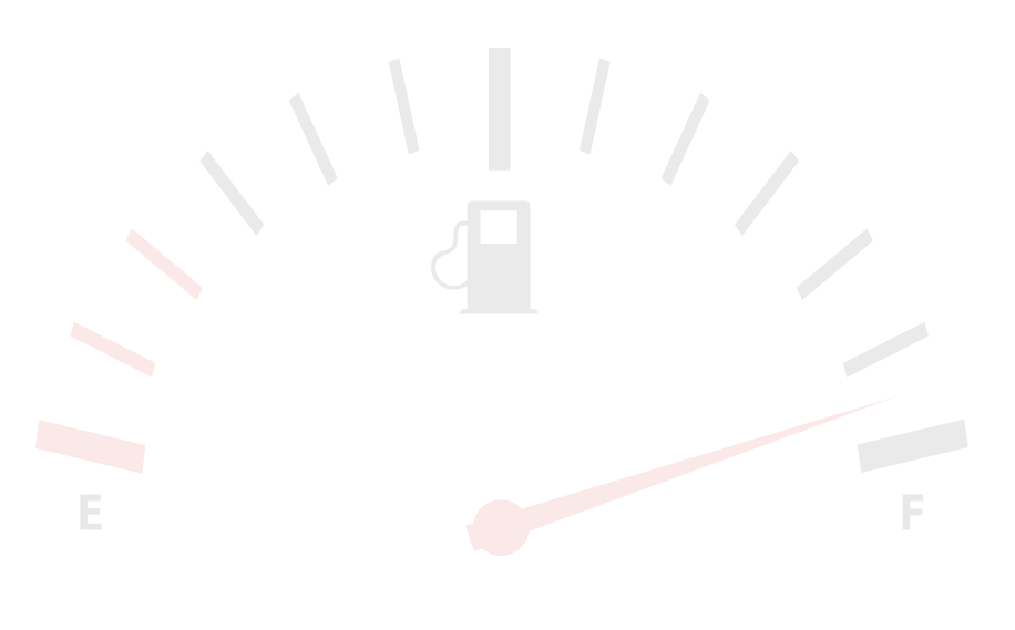 Fuel gauge showing nearly empty, with the needle close to E and the red warning marks on the left.