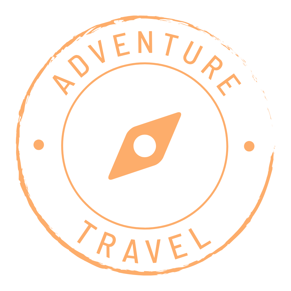 A circular emblem with the words 'Adventurous Travel' around the edge and a compass needle in the center.