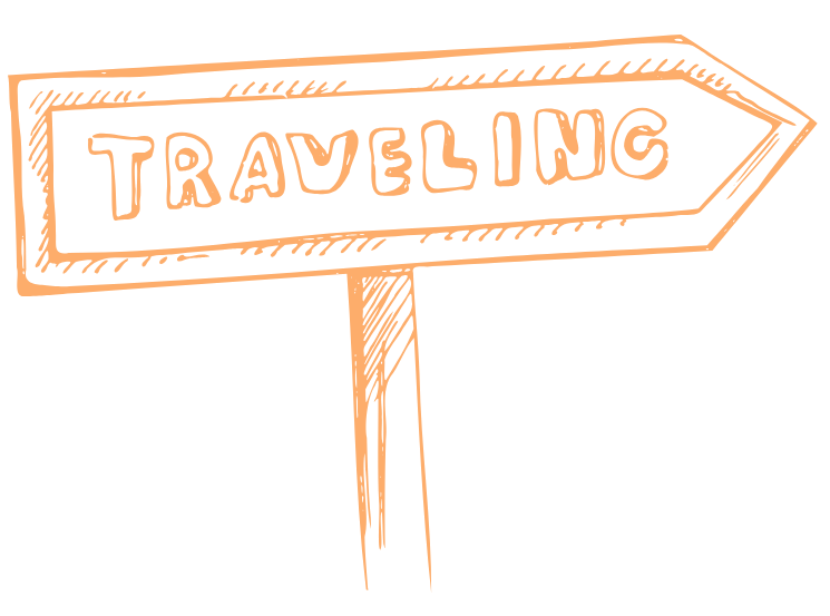 Hand-drawn signpost with the word 'TRAVELING' written inside an arrow shape.