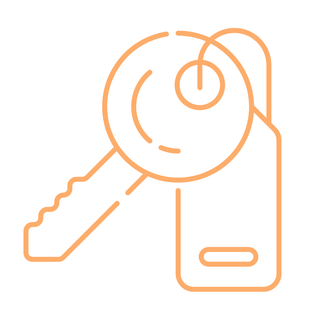 Neon outline of a house key with a round head and a keyhole, combined with a house-shaped tag on a black background.