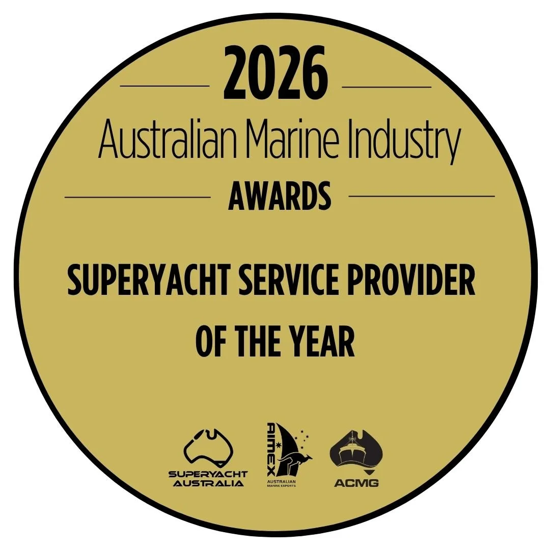 Gold circular award badge for the 2026 Australian Marine Industry Awards, recognizing the top superyacht service provider of the year, featuring logos of Superyacht Australia, AIME, and ACMG.