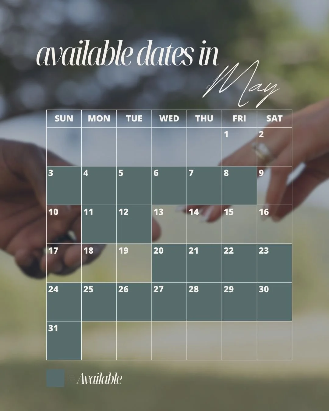 A calendar for May 2023 with dates marked as available, overlayed on a background of two people holding hands.