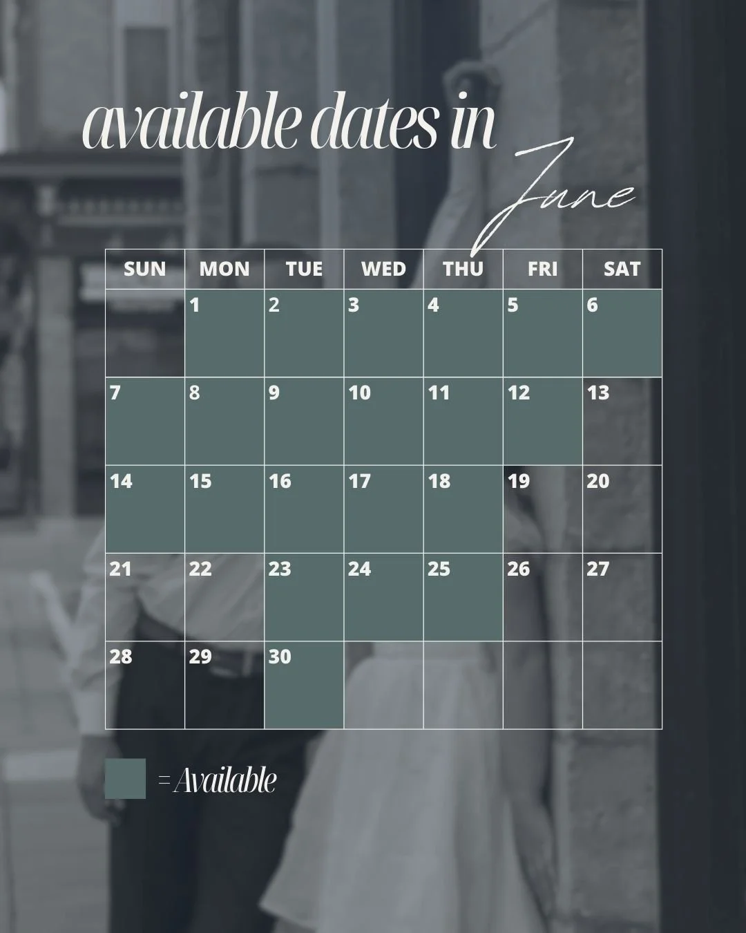 Calendar for June with available dates marked. Background shows a black-and-white street scene with a couple walking, the woman is carrying shopping bags.