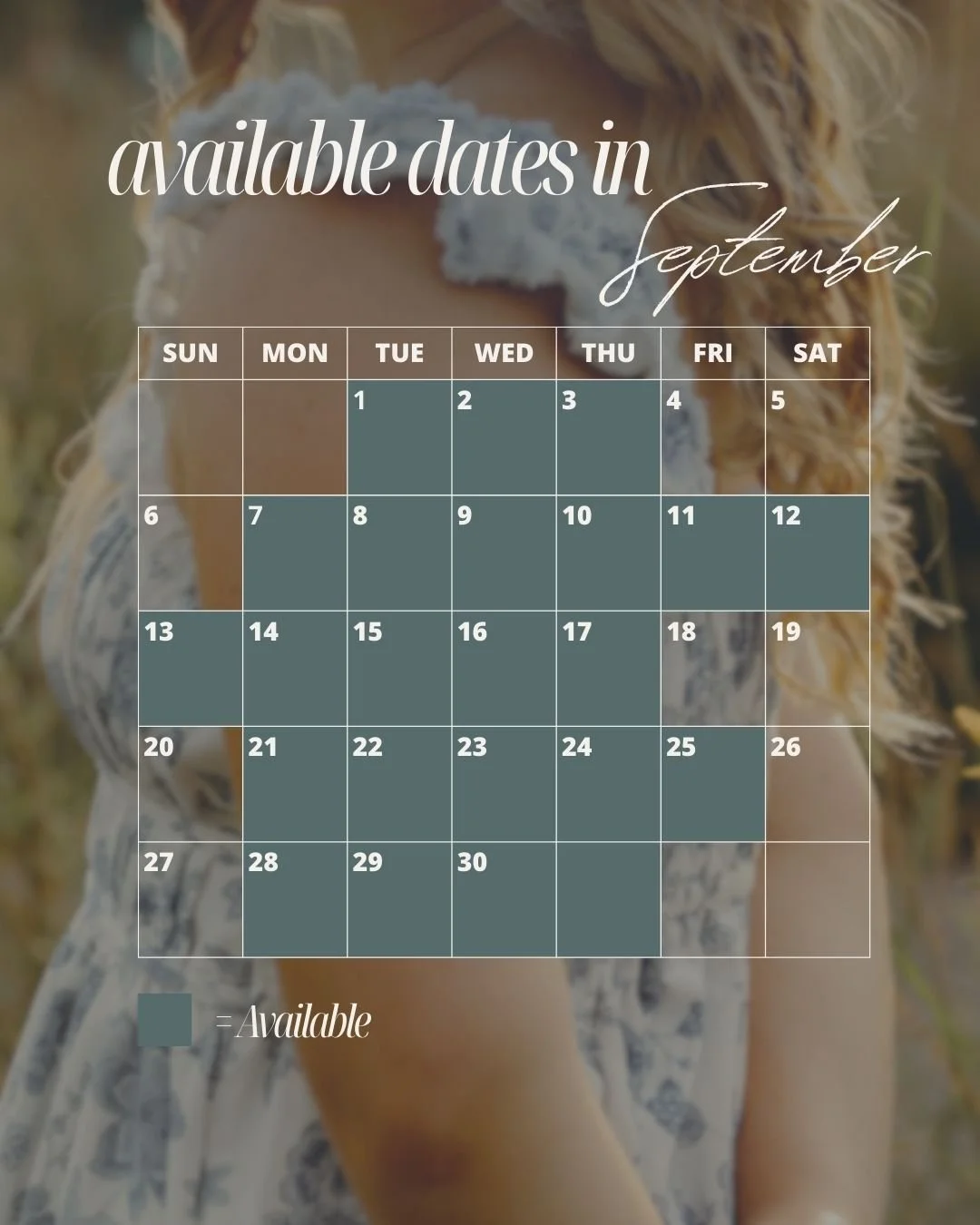 Calendar for September with available dates marked in blue, overlaid on a blurred background of a woman holding a sunflower in a field.