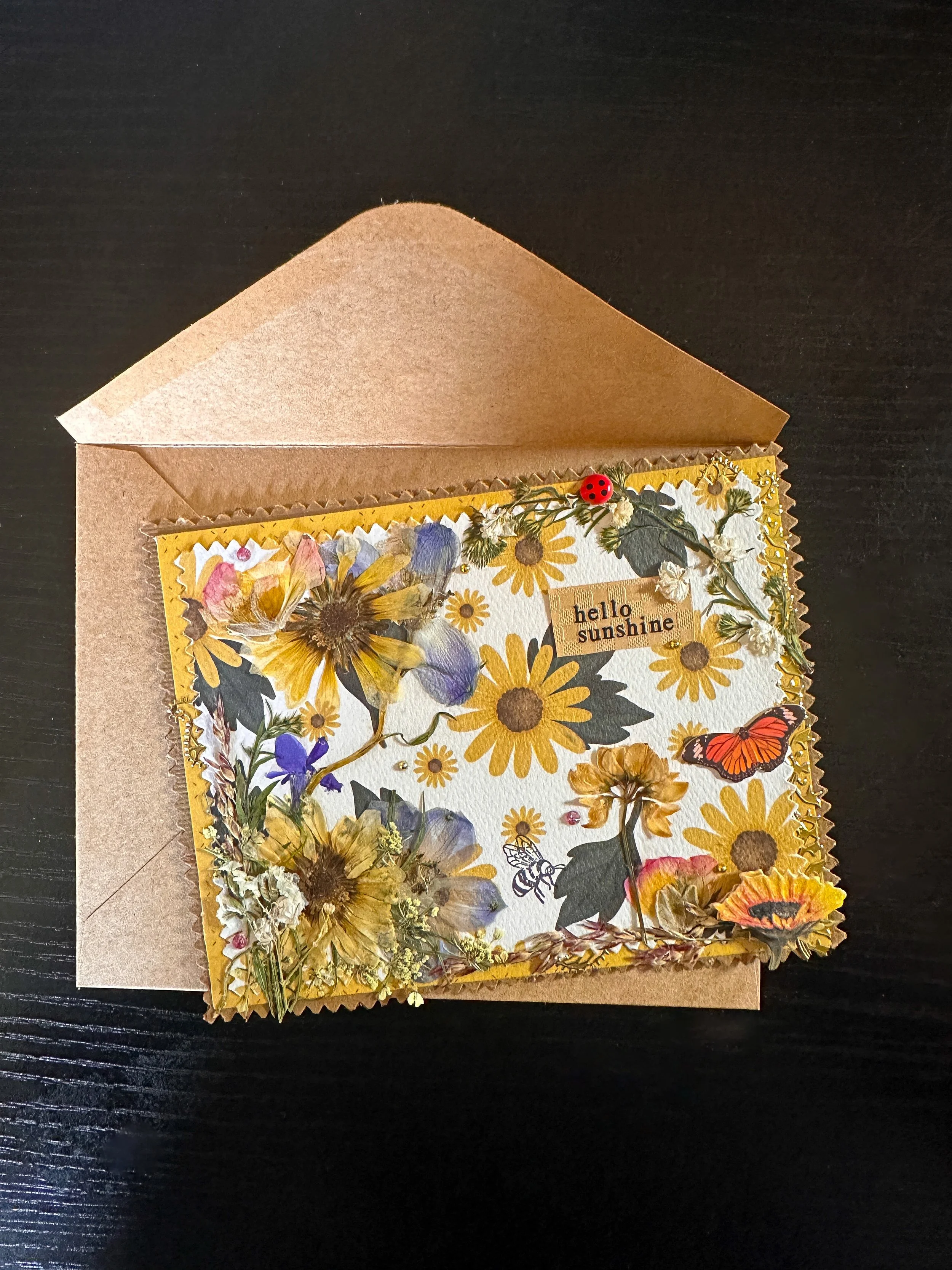 handmade sunflower themed hello sunshine note card with pressed flowers and other embellishments