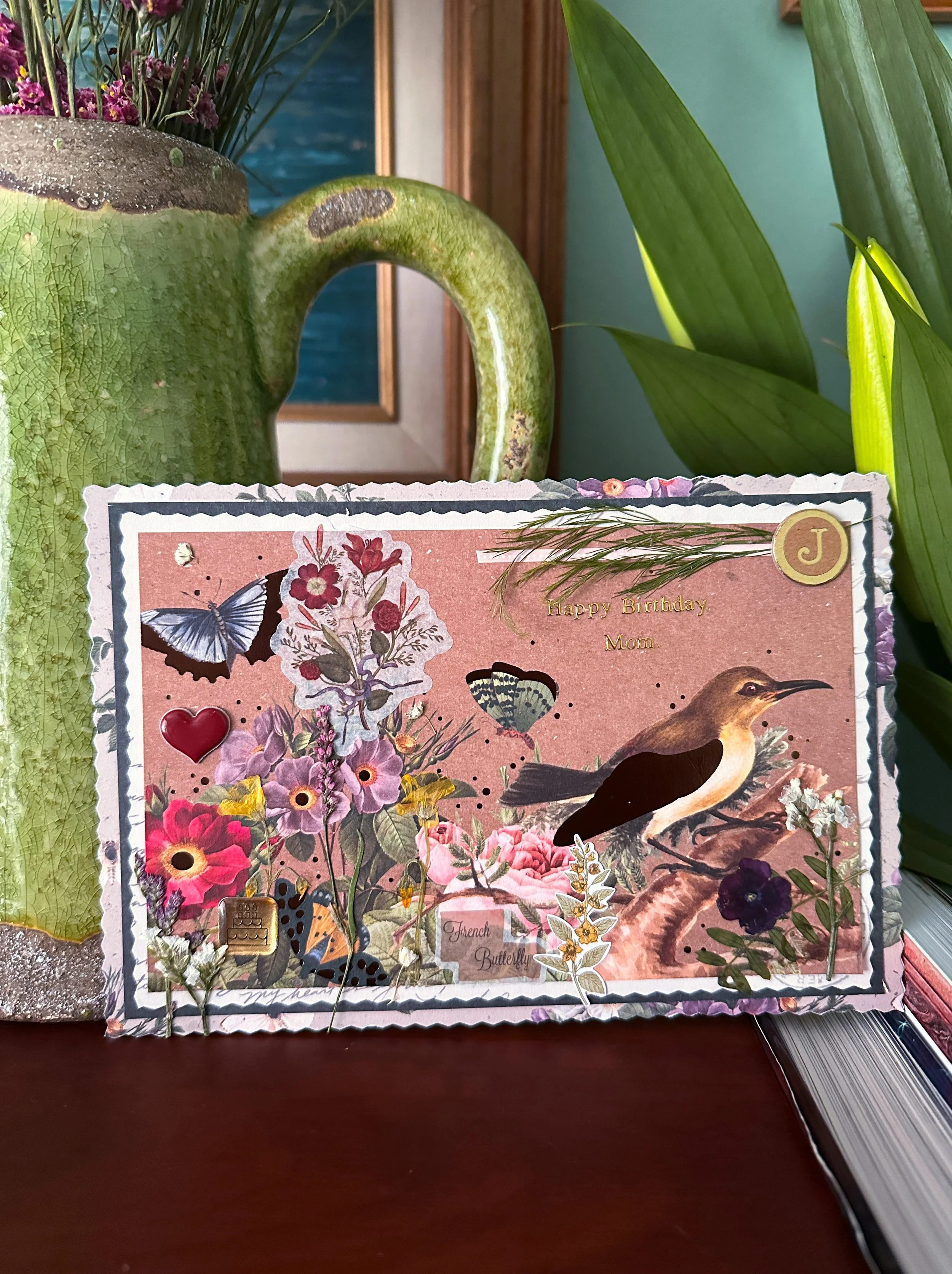 handmade mom bird butterfly birthday card with pressed flowers and other embellishments